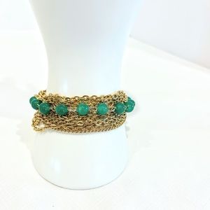 Vintage Costume Jewely Bracelet with Multiple Gold Toned Strands and Green Beads